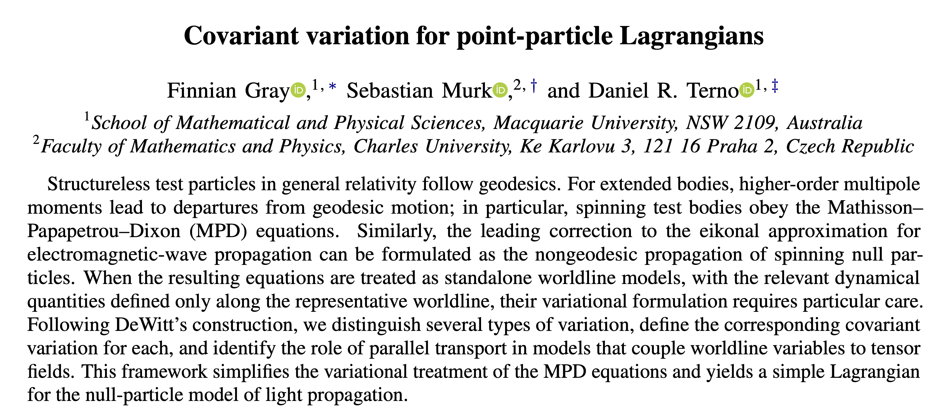 Abstract of the preprint Covariant variation for point-particle Lagrangians