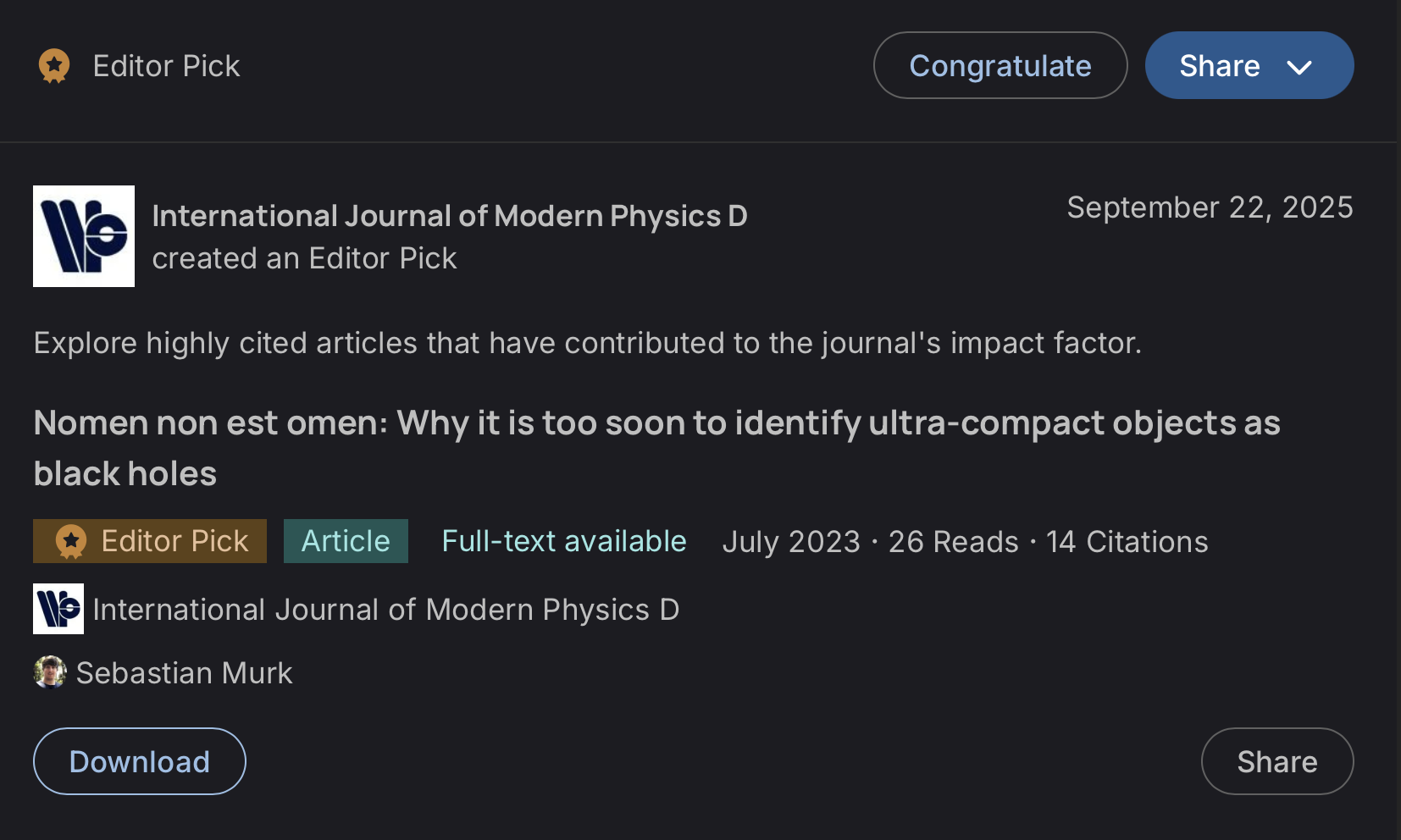 Editor’s Pick card for Nomen non est omen in International Journal of Modern Physics D