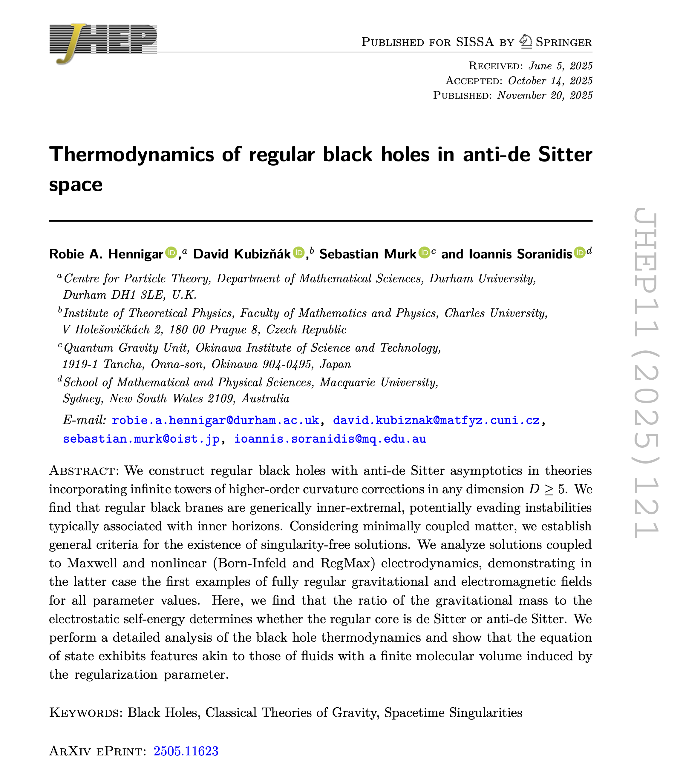 First page of the JHEP article Thermodynamics of regular black holes in anti-de Sitter space