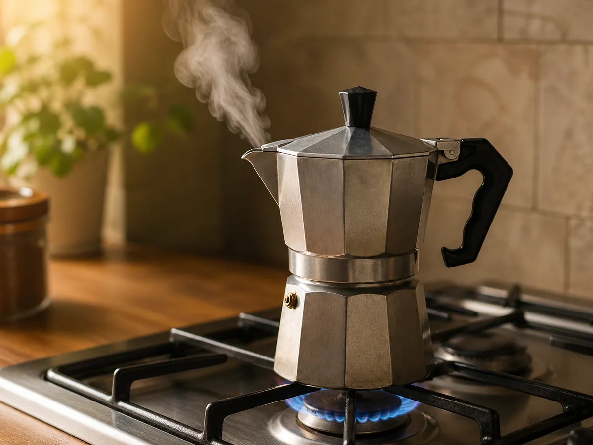 Moka pot on a stovetop with steam rising
